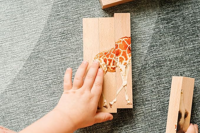 Wooden Animal Chunky Puzzles for Toddlers 2+ Years - Montessori 4 in 1 Safari Animal Block Puzzle Toy