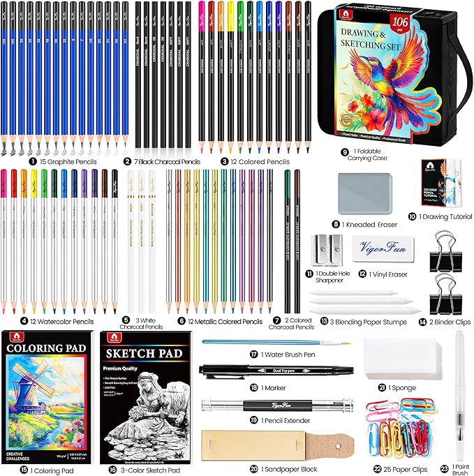 106 PCS Art Supplies Sketching Kit, Pro Drawing Pencils with 3-Color Sketchbook, Coloring Book, Colored Graphite Charcoal Watercolor & Metallic Pencils, Drawing Supplies Gifts for Artists Adults Kids