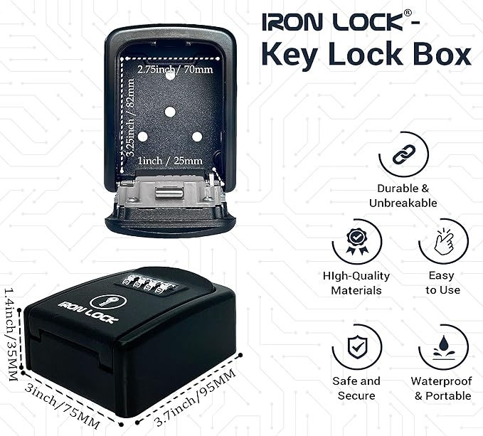 Iron Lock® Wall Mount Key Lock Box with 4-Digit Combination, Resettable Code, A B Switch, and 5-Key Capacity - Indoor/Outdoor Waterproof Lockbox for House Keys and Spare Keys (Small, Black)