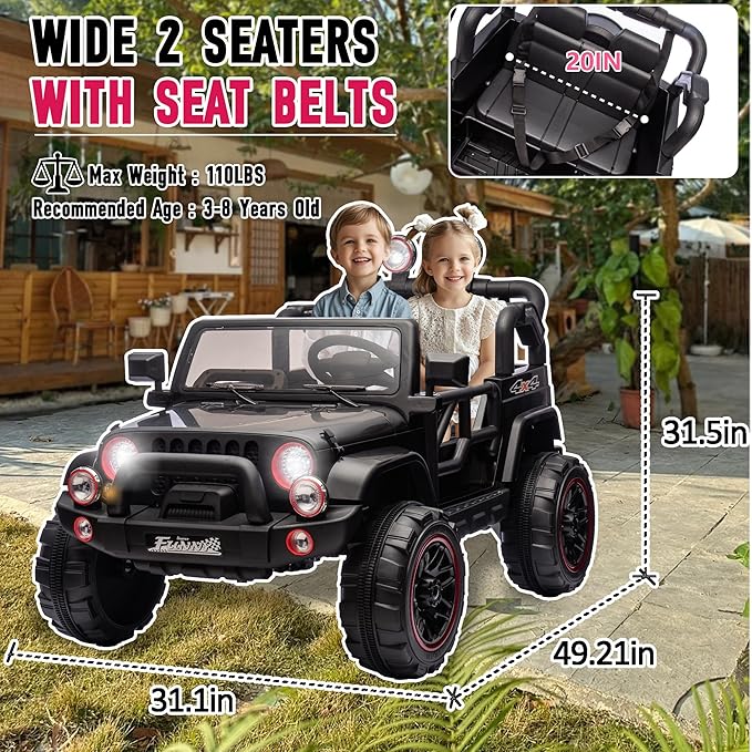 24V XL Kids Electric Ride on Truck Car 2 Seater Remote Control for Toddlers 2-8, 160W 2 Motors 5MPH Max Speed, Bluetooth USB Music Player, LED Lights Safety Belt, Gift for Boys Girls, Black