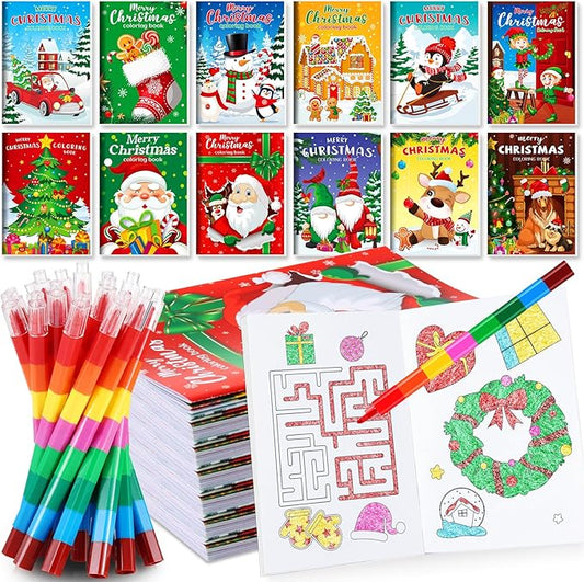 BenLouis 12 Christmas Mini Coloring Books Kids with 12 Stacking Crayons Christmas Theme Party Favors Small Activity Books Bulk for Kids Holiday Party Gift Goodie Bag Stuffers