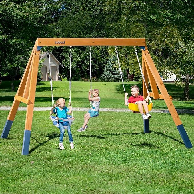 ROBUD 3-in-1 Playground Wooden Swing Sets for Backyard, DIY Swing Sets with Tree Swing and 2 Toddler Swings, Kids Outdoor Play Equipment, Outdoor Playset for Kids & Toddlers, Ages 3+