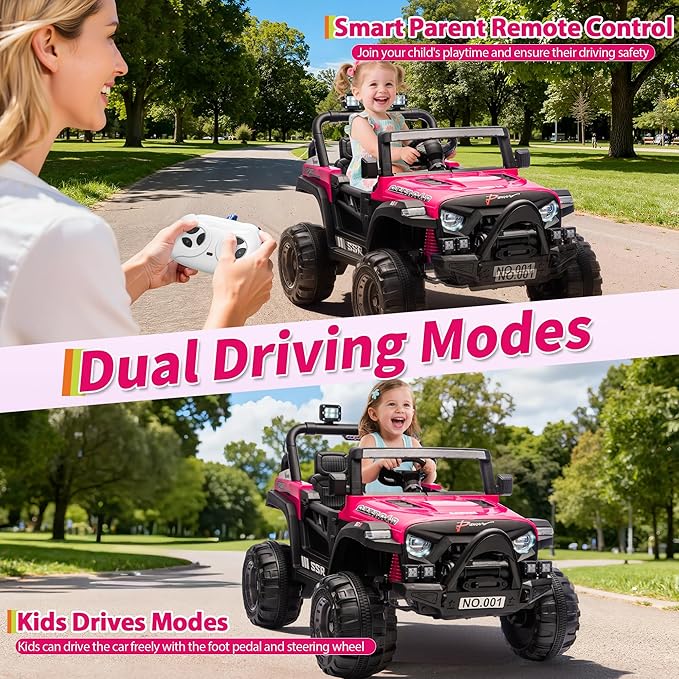 Kids Ride On Truck Car, 12V Ride On Toy Battery Powered Vehicles w/Parent Remote, Spring Suspension, Electric Car for Kids with Bluetooth Music, LED Light, Ideal Car Gift for Boys Girls, Rosy
