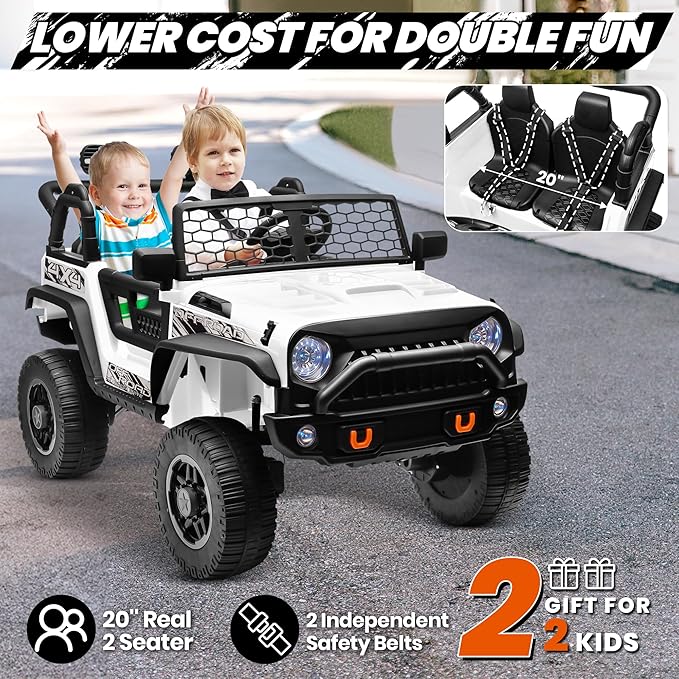 JOYRACER 24V 2 Seater Ride On Toys for Big Kids, 800W Power Truck Wheels with Remote Control, 4WD/2WD Switchable, 20" Spacious Seat, Soft Start, Bluetooth, Electric Car for Kids Ages 3-8, White