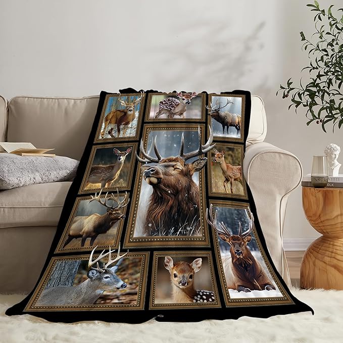 Deer Blanket Fleece Soft Warm Plush Moose Elk Throw Blanket Lightweight Plush Fuzzy Cozy Wild Animal Blankets Gift for Lover Kids Adult Suitable for Couch Sofa Bed 50"X40"