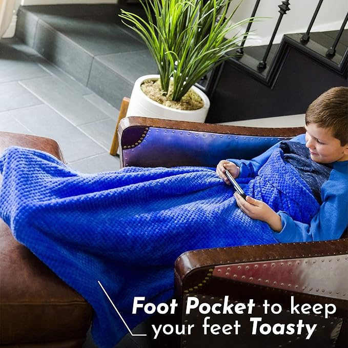 PediPocket Kidz Patented Foot Blanket – Rockin’ Royal Blue – 40”x 50”with 15”Deep Foot Pocket,Plush Velvety Fleece Blanket for Kids,Everyday Luxurious Comfort,Machine Washable,Gift Idea (non-electric)