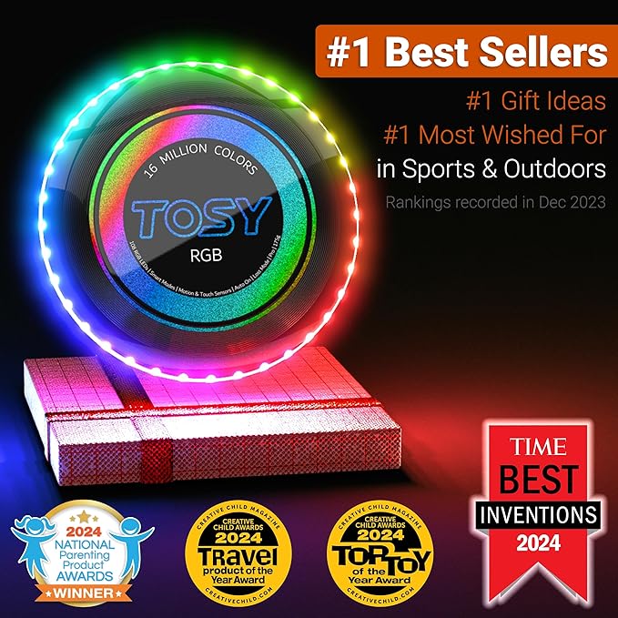 TOSY Flying Disc - 16 Million Colors RGB or 36 LEDs, Extremely Bright, Smart Modes, Camping Essentials for Teens/Kids/Adults/Men/Boys/Girls, Auto Light Up, Rechargeable, Waterproof, 175g