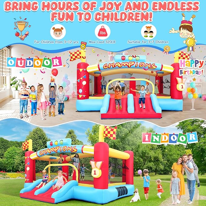 AKEYDIY Inflatable Obstacle Course Bounce House for Kids, 13.12FT x 11.16FT Racing Party Bouncy House for Kids 3-12 w/Large Jumping Area, Basketball Hoop & Racing Slide, Target Toss Game, 550W Blower
