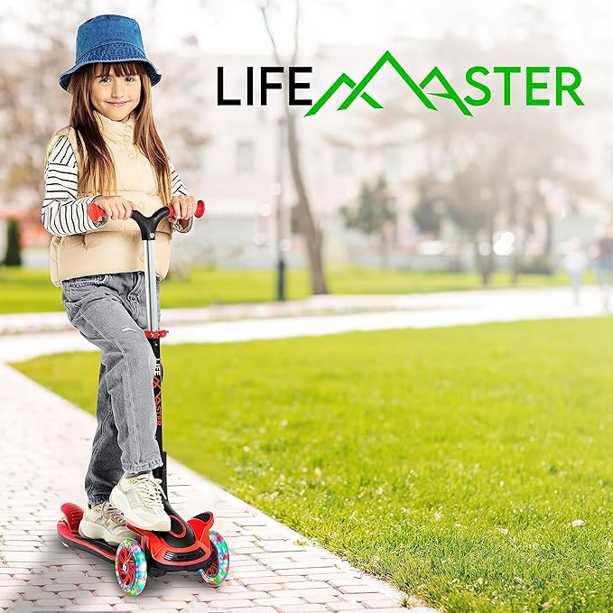 Kids Scooter – Foldable Seat – LED Wheel Lights Illuminate When Rolling – Children and Toddler 3 Wheel Kick Scooter – Adjustable Handlebar – Indoor and Outdoor- by Lifemaster