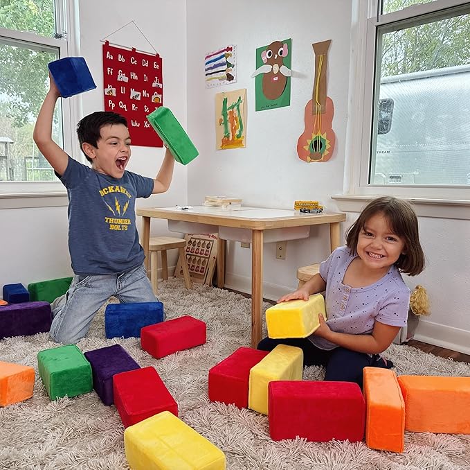 The Original Premium Plush Building Block for Kids - Certified Safe Foam Blocks in Luxuriously Soft Fabric Covers - Set of 24 (Classic Colors)