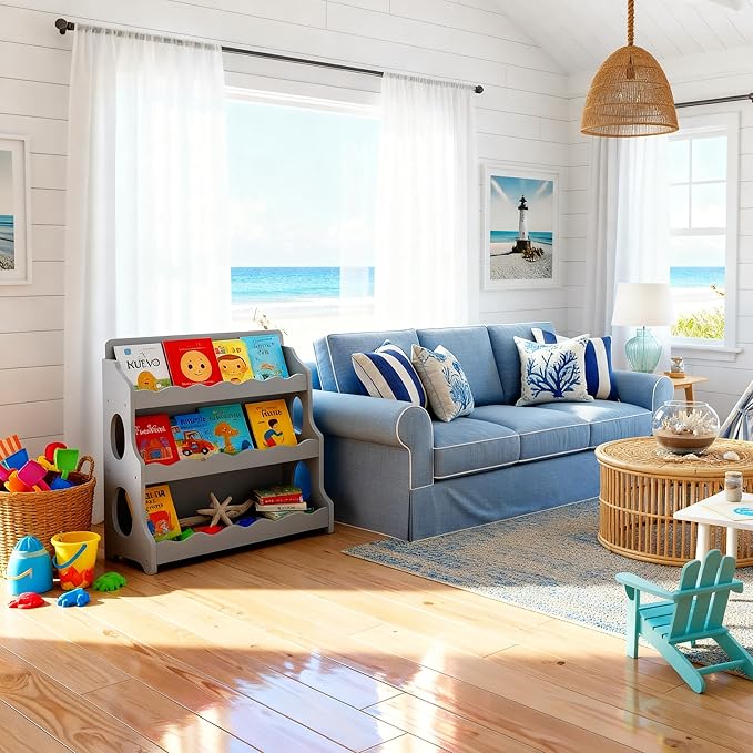 Kids Bookshelf Wooden Montessori Book Shelf Dutch Design 3Tier Scalloped,TranquilGrey