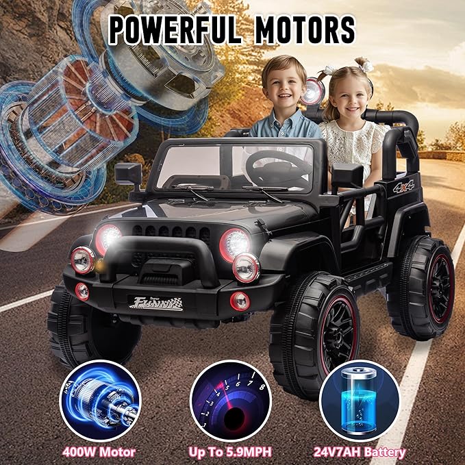 24V XL Kids Electric Ride on Truck Car 2 Seater Remote Control for Toddlers 2-8, 160W 2 Motors 5MPH Max Speed, Bluetooth USB Music Player, LED Lights Safety Belt, Gift for Boys Girls, Black