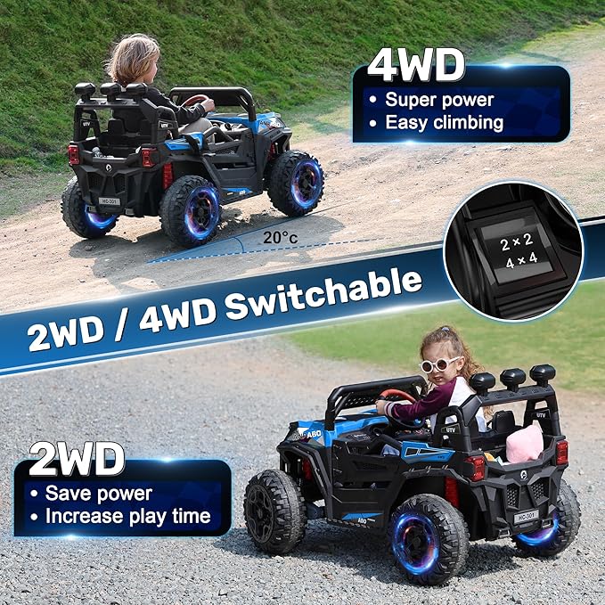 ANPABO 24V Ride on Toys for Big Kids w/Remote Control, 4X75W Motors, Max 4.5MPH, 4WD/2WD Switchable, 4 Shock Absorbers, 19" Spacious Seat, Bluetooth, Electric Car for Kids (Blue)