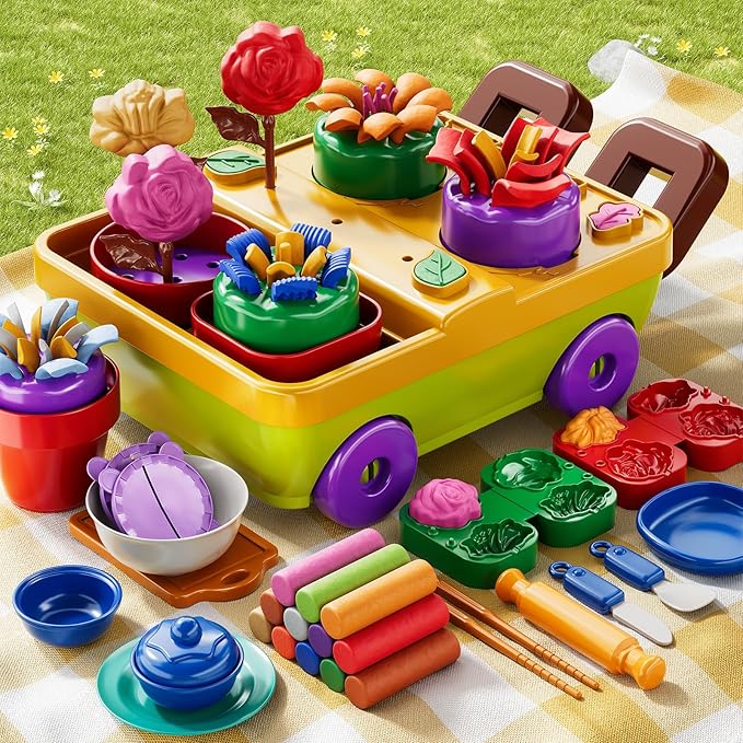 50PCS Play Clay Set Blooming Flower Garden Toy Playset for Kids 3-5, DIY Nature Kits, Pretend Kitchen Toys Accessories with Cart, Toy Dishes, Gifts for Girls Boys Toddlers Ages 3 4 5 6 7 8 9