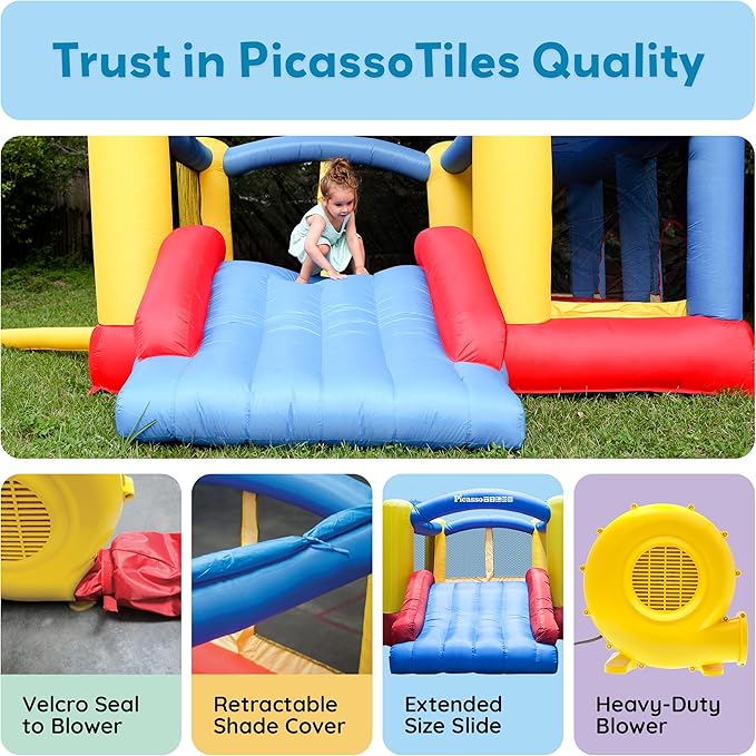 [Upgrade Version] PicassoTiles KC102 12x10 Foot Inflatable Bouncer Jumping Bouncing House, Jump Slide, Dunk Playhouse w/Basketball Rim, 4 Sports Balls, Full-Size Entry, 580W ETL Certified Blower