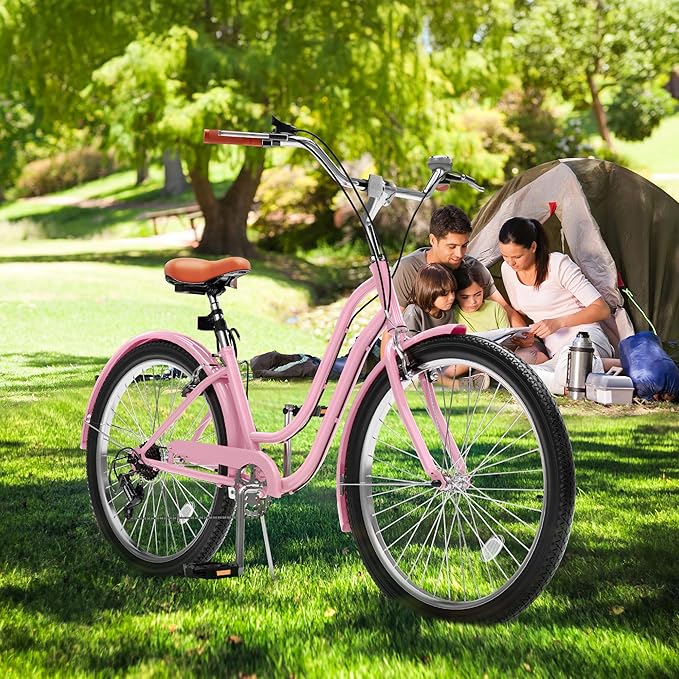 YITAHOME 24 & 26 Inch Beach Cruiser Bike, 7 Speed & Single Speed Commute Bike, Step-Through Bicycle for Adult Women & Men, Steel Frame Cruiser Bike with Full Front & Rear Fenders