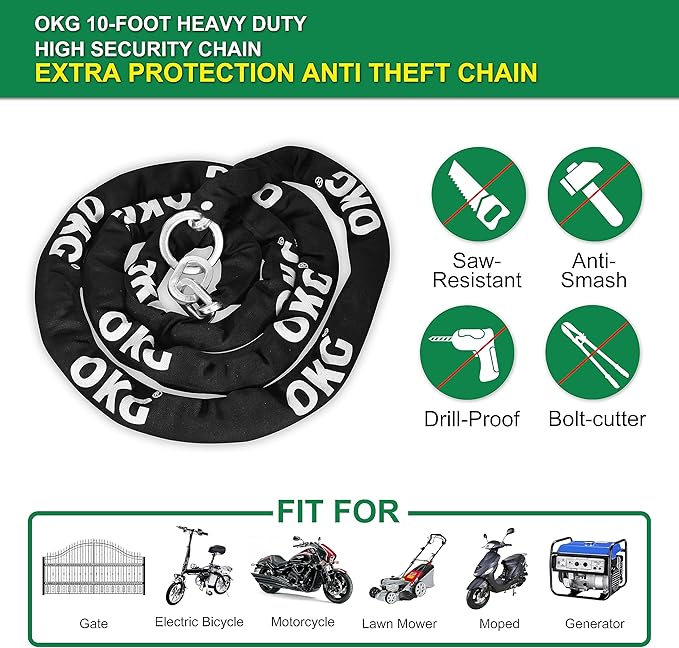OKG Extra Long Security Chain - 10-Foot x 3/8" Thick Heavy Duty, Eco-Zinc Plated - Uncuttable for Outdoor & Indoor Use - Bike & Motorcycle Lock Chain - For Two+ 2-Wheeled Vehicles