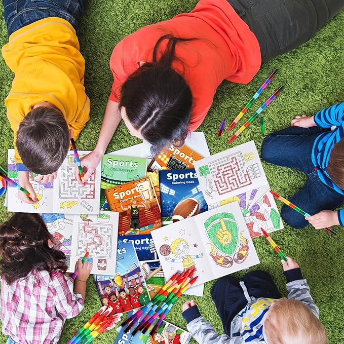 BenLouis 12 Sports Mini Coloring Books Kids with 12 Stacking Crayons Sports Themed Party Favors Small Activity Books Bulk for Kids Sports Birthday Party Gift Goodie Bag Stuffers