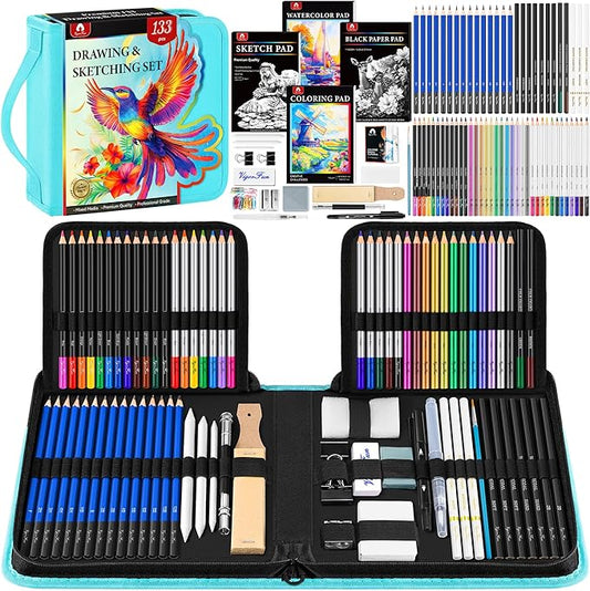 133 PCS Art Supplies Sketching Kit, Pro Drawing Pencils with Sketchbook, Coloring Book, Watercolor Pad, Black Paper Pad, Colored Graphite Charcoal Watercolor & Metallic Pencils for Artists Adults Kids