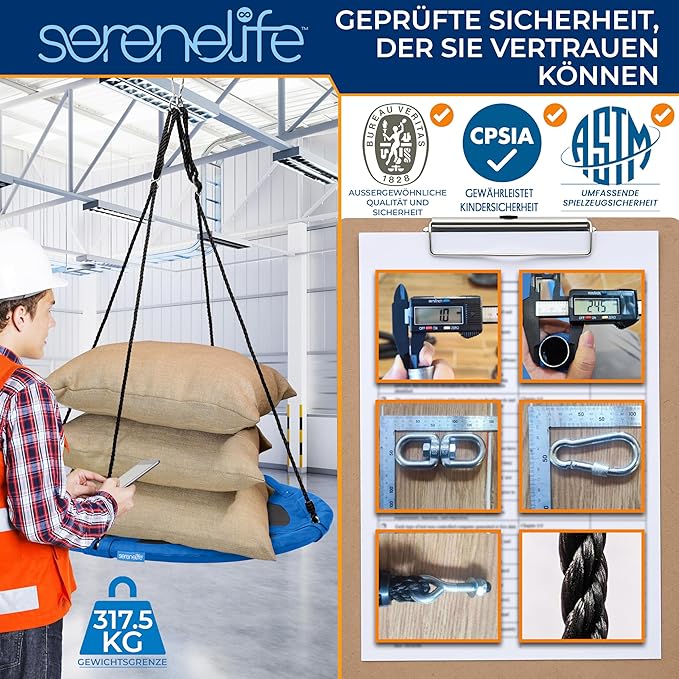 SereneLife 40" Saucer Swing - Outdoor Swing Set with Universal Hanging Kit, Swinging Seat Spinner with Pillow & Carry Bag, Weatherproof, Water-Resistant, Supports Up to 700 lbs, Blue