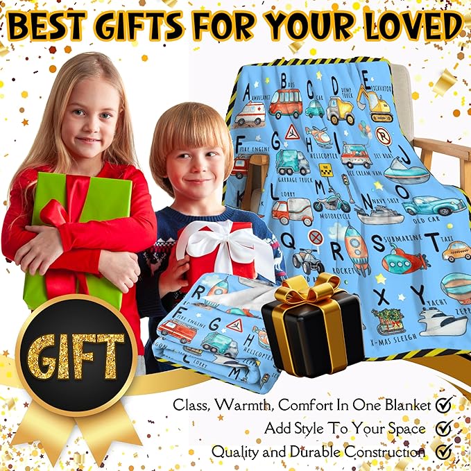 ABC Truck Alphabet Transportation Blanket Throw Super Soft and Cozy Blankets for Home Decoration, Couch, Bed, Sofa 120 in x 90 in Extra Large for Family for All Seasons