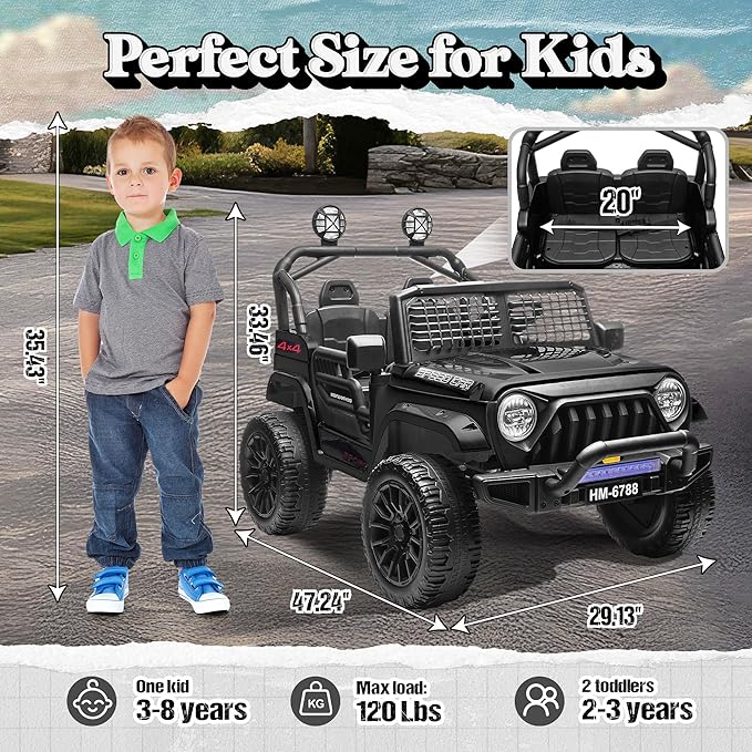 2 Seater Ride on Car for Kids, 24V Electric Power Ride on Truck Toy with Remote Control, 200W Motor, LED Lights, Music, 3 Speed, 4 Wheel Suspension Spring, Soft Start, Safety Belt