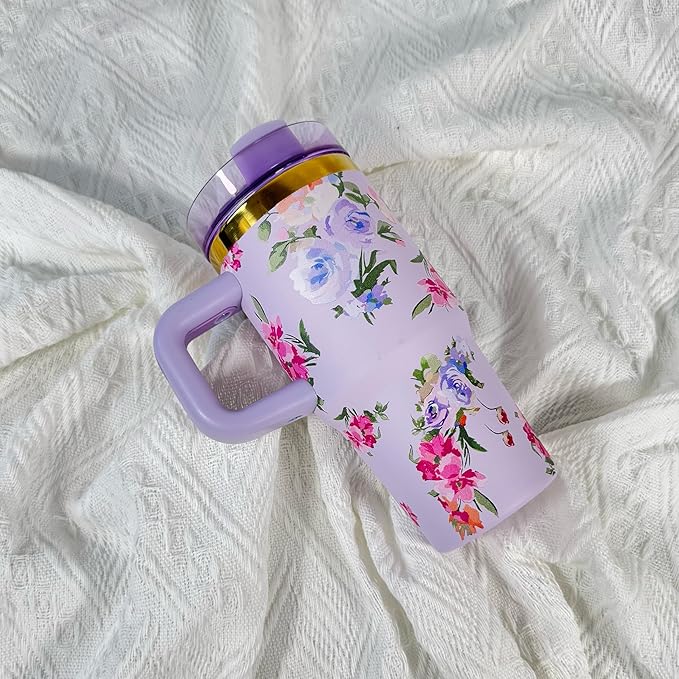 14 oz Tumbler with Handle and Straw, 14oz Toddler Tumbler with Lid and Straw for Kids Stainless Steel Tumblers, Outdoor Sports Travel School Gift, Keeps Drinks Cold up to 24 Hrs(Purple Flower)