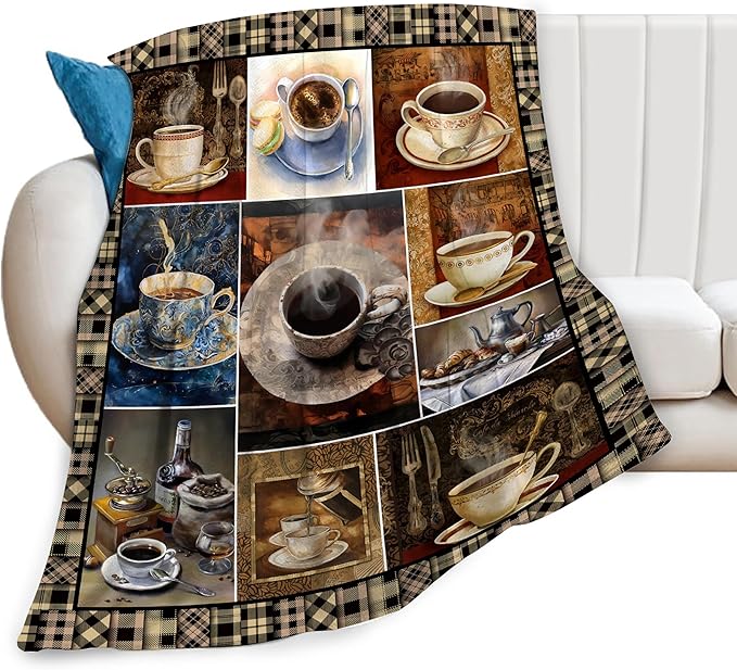 Vintage Coffee Blanket Drink Cup Lover Throw Blankets for Girls Boys Adult Women Men Plush Cozy Flannel Fleece Ultra Soft Fuzzy Party Blanket Gifts for Bed Couch Sofa 60"X50"