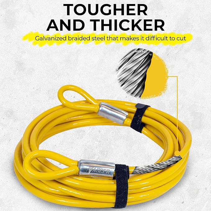 30FT (1/2") Commercial Security Cable with Loops - Galvanized Braided Steel Security Cable to Secure High Value Equipment - PVC-Coated Anti Theft Locking Cable for Trailers, Mowers, E-Bikes