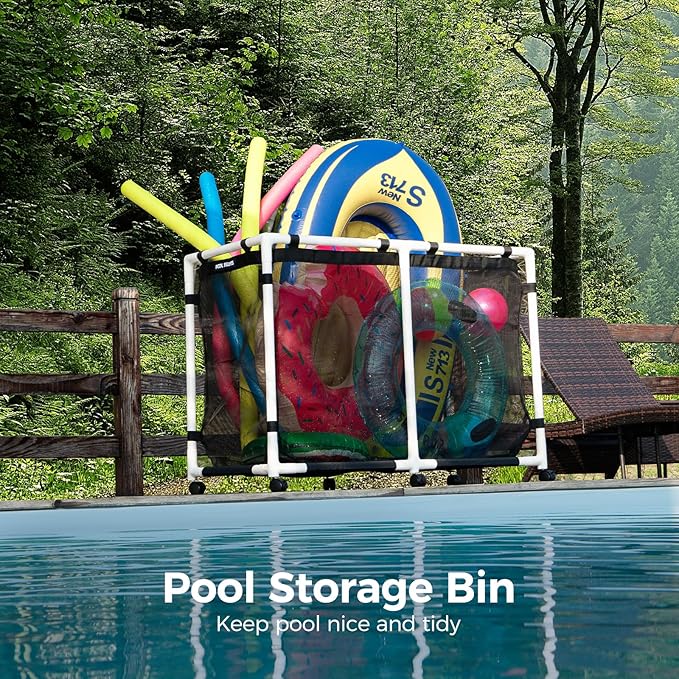 Pool Storage Bin, 142 Gallons, Holder for Noodles, Toys, Floats, Towels, Mesh Organizer for Swimming Equipments, Basic Plus Style