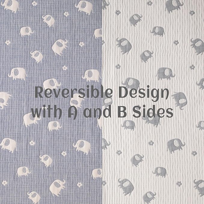 NTBAY 3 Layer Oversized Muslin Cotton Toddler Blanket, Jacquard Reversible Nursery Bed Blanket, Super Soft and Thermal for All Seasons, Baby Gift, 45"x60", Blue Elephant