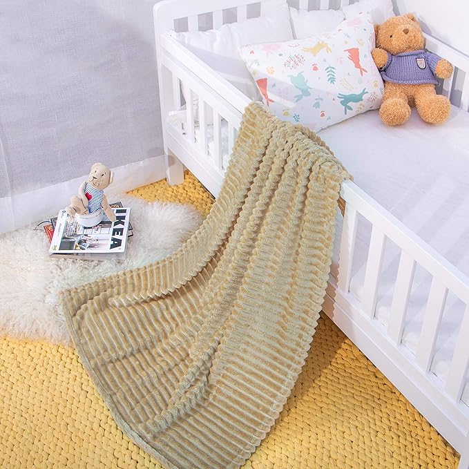 NTBAY Flannel Fuzzy Toddler Blanket, Fluffy Warm and Lightweight Reversible Stripes Design Baby Plush Blanket, 30x40 Inches, Khaki