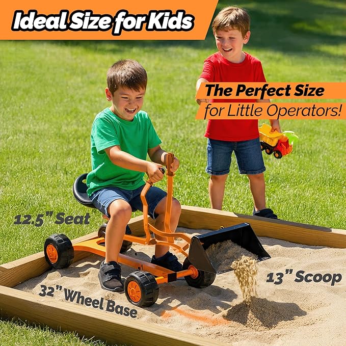 WONKAWOO Sand Digger Original Metal Excavator Bulldozer 360° Seat Ride On Toy for Kids, US Patented Extra Wide Scoop Bucket Design