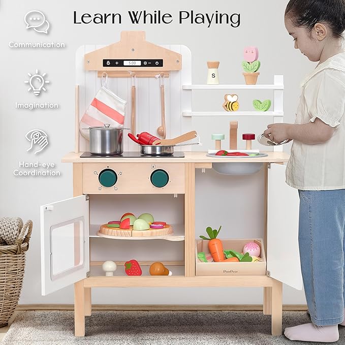 Wooden Play Kitchen for Kids, Adjustable Height Wooden Toys Kids Kitchen Playset, Mordern Designed Toys Kitchen Gift with Play Food Kitchen Accessoires for 3Y+