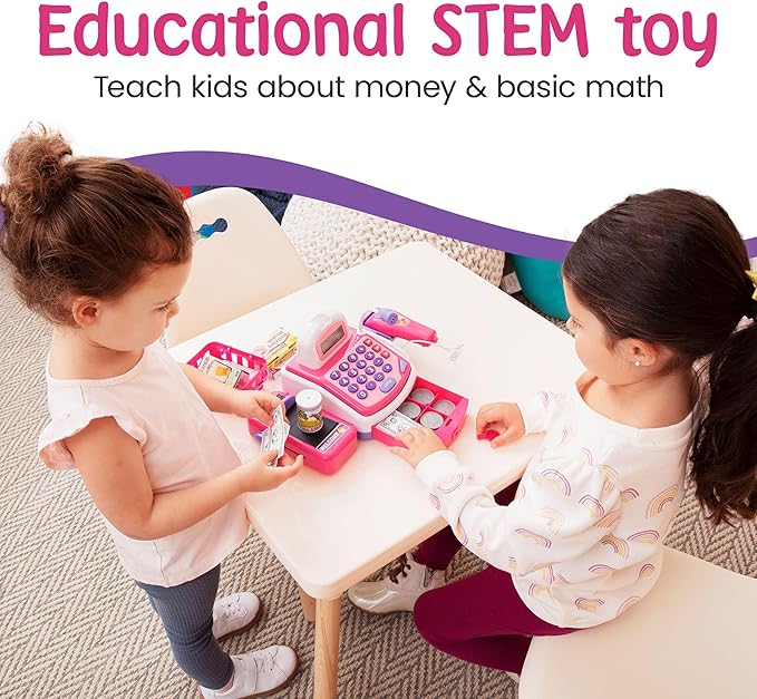 Prextex Grocery Store Pretend Play Electronic Toy Cash Register Set - STEM Cash Register for Kids with Microphone, Play Money, and Food Basket - Kids Checkout Toys with Scanner- Pink