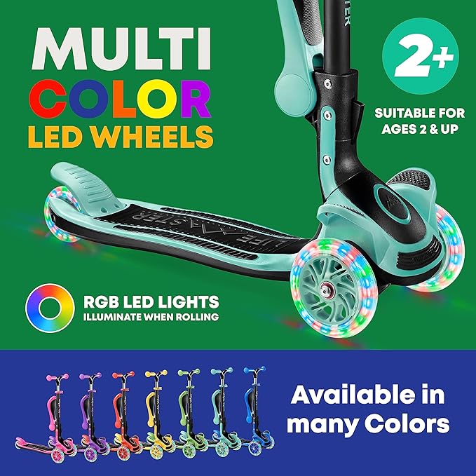 Kids Scooter – Foldable Seat – LED Wheel Lights Illuminate When Rolling – Children and Toddler 3 Wheel Kick Scooter – Adjustable Handlebar – Indoor and Outdoor- by Lifemaster