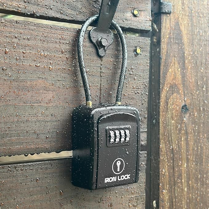 Iron Lock® Portable Key Lock Box with Removable Cable Shackle Indoor Outdoor Waterproof 4 Digit Combo Resettable Code with A B Switch Key Lockbox for Outside Spare Keys for Realtors (Small, Black)