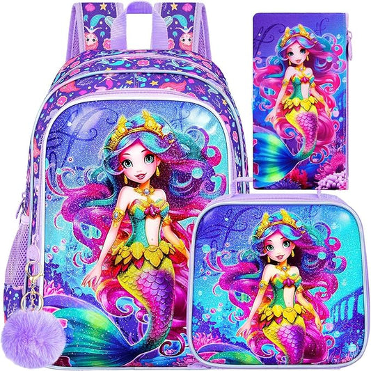 CCJPX 3PCS Kids Backpack for Girls, 16”Mermaid Sequin Preschool Bookbag Set, Cute Water Resistant School Bag for Elementary Kindergarten Toddler
