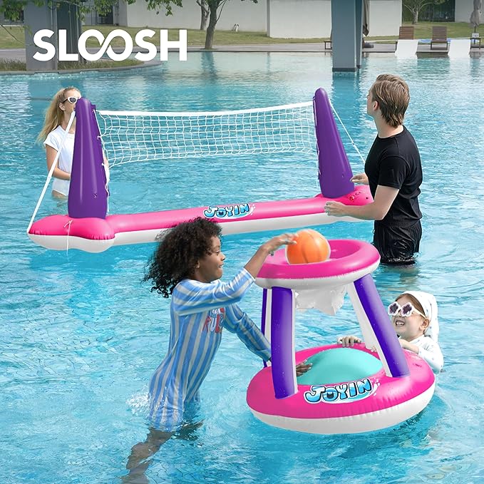 JOYIN Inflatable Pool Float Set Volleyball Net & Basketball Hoops, Floating Swimming Game Toy Floaties for Kids and Adults Volleyball Court (105”x28”x35”)|Basketball (27”x23”x27”),L-Pink Purple