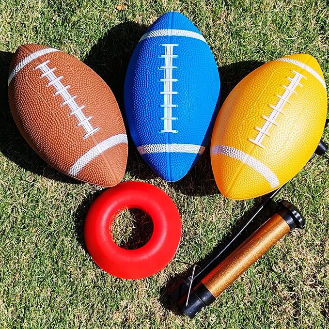6 Pack 9" Mini Inflatable Rubber Footballs Party Favors, Small Footballs, Peewee Size Footballs for Kids, Junior Outdoor and Indoor Games - Sports Balls Playground Ball with Pump and Kicking Tee