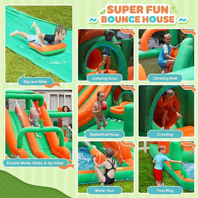 Waterslide Bounce House, Blow up Water Slide Bouncer with Slip and Slide, Water Bounce House for Big Kids, Inflatable Water Park for Backyard Summer Party