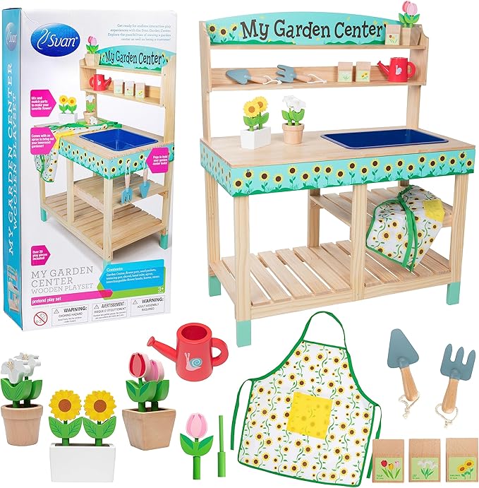 Bloom & Grow Gardening Center Wooden Toy Indoor Playset- 22 Pc Garden Stand Set w Flowers, Seed Packets, Pots, Shovel Rake Apron Watering Pot- Interactive & Fun Pretend Playtime, Xmas Gift for Kids