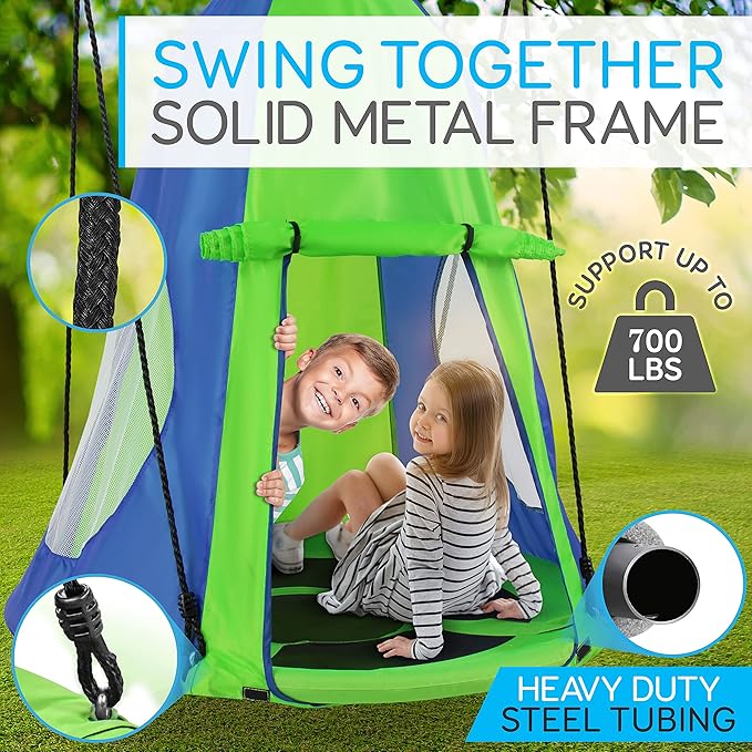 SereneLife 40" Kids Hanging Tent Swing, Outdoor Saucer Swing with Rope Straps (Green), Large