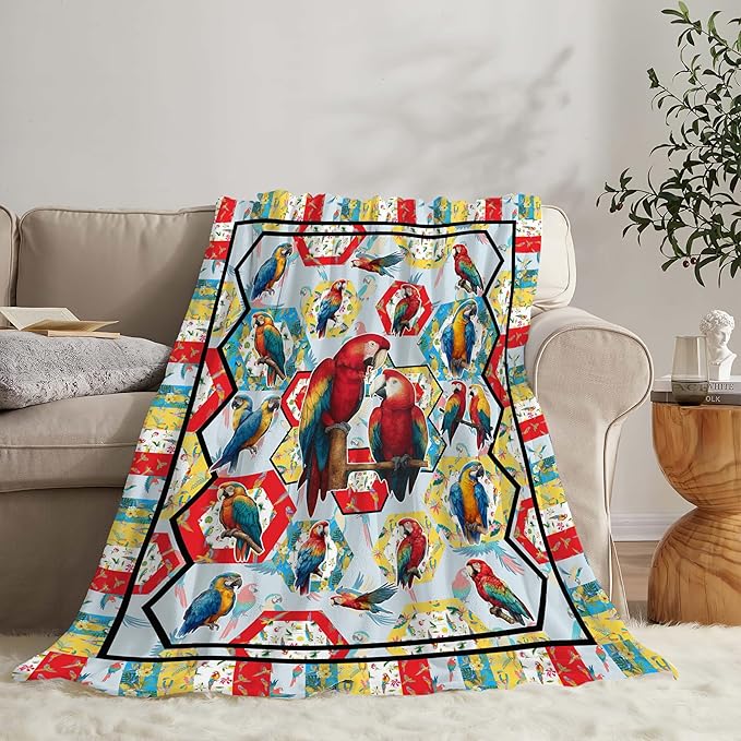 Parrot Bird Throw Blanket Macaw Stuff Gifts for Kids Girls Boys Adults Women Men Soft Cozy Warm Plush Fluffy Fuzzy Fleece Blanket Decor 60''X80''