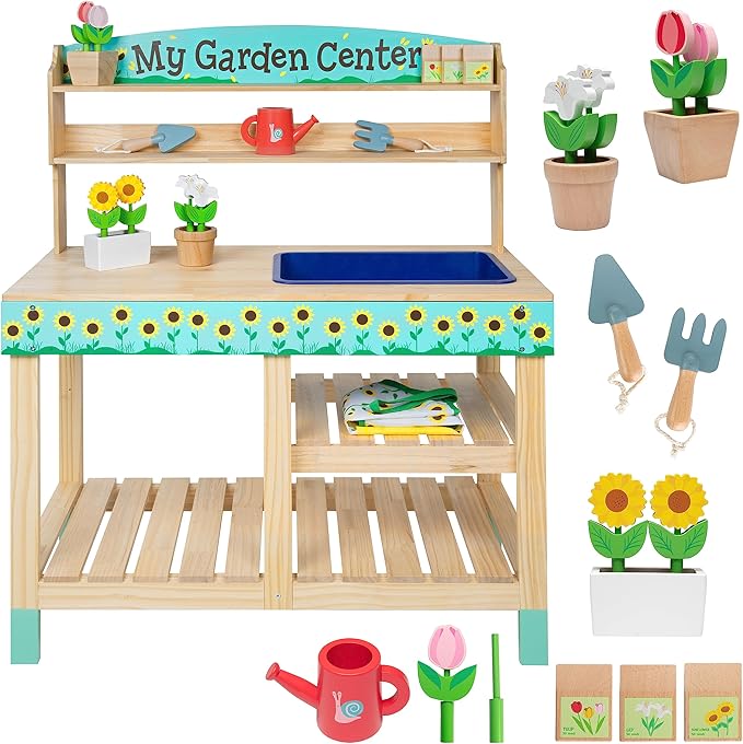 Bloom & Grow Gardening Center Wooden Toy Indoor Playset- 22 Pc Garden Stand Set w Flowers, Seed Packets, Pots, Shovel Rake Apron Watering Pot- Interactive & Fun Pretend Playtime, Xmas Gift for Kids