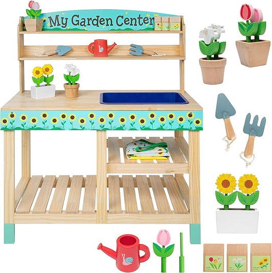 Bloom & Grow Gardening Center Wooden Toy Indoor Playset- 22 Pc Garden Stand Set w Flowers, Seed Packets, Pots, Shovel Rake Apron Watering Pot- Interactive & Fun Pretend Playtime, Xmas Gift for Kids