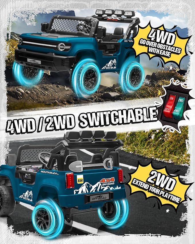 24V Ride on Toys for Big Kids, 2 Seater Electric Car w/22'' Large Seat, Remote Control, Shovel, 4X200W Engines, 4WD/2WD Switchable, Truck Bed Storage, Ride On Truck Toy for Boy Girl, Blue