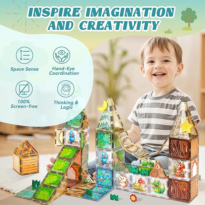 Magnetic Tiles Building Toys Set with 5 Magnetic accessories, Forest Animals Magnetic Blocks for Kids Ages 3-5 4-8, STEM Educational Sensory Magnet Toys Birthday Gifts for Toddlers Girls Boys