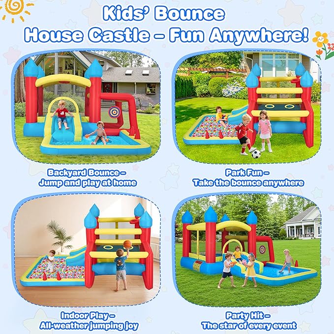 Inflatable Bounce House for Kids 3–6, 6-in-1 Bouncy House with Slide and Blower, Ball Pit, Climbing Wall, Basketball & Soccer Play, Inflatable Castle Gift for Kids Indoor Outdoor Backyard Party Fun