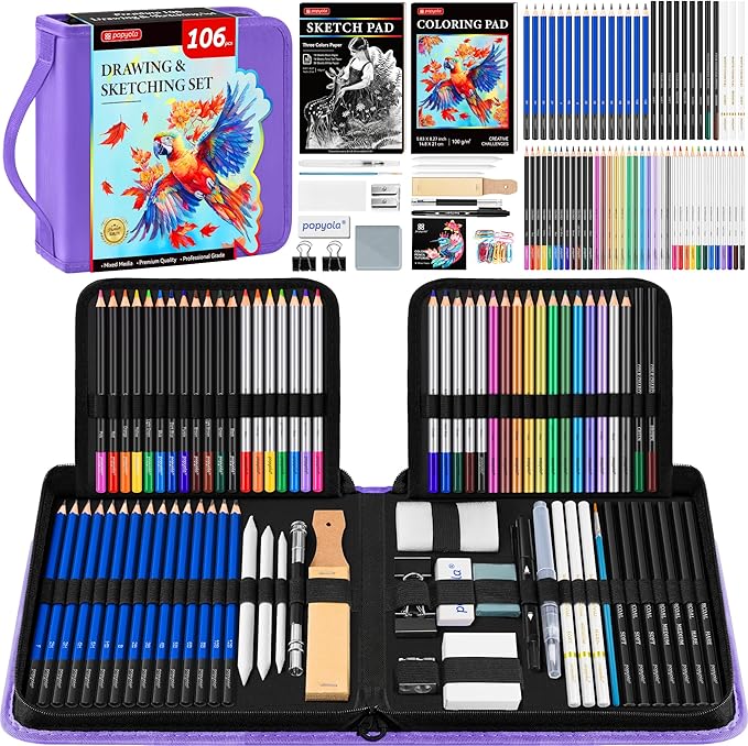 106 Pack Drawing Set Sketching Kit, Pro Art Supplies with 3-Color Sketchbook, Coloring Book, Graphite Colored Charcoal Watercolor & Metallic Pencils, Drawing Supplies Gift Case for Artists Adults Kids